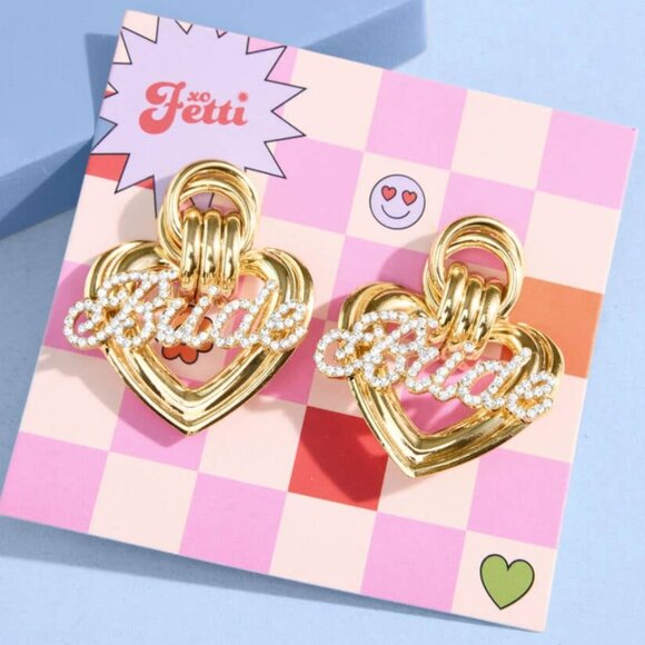 Xo Fetti Jewelry - XO Fetti Gold metal heart earrings Rhinestone "Bride"